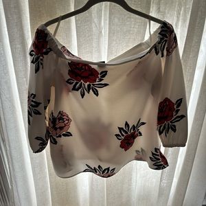 ANN TAYLOR WHITE OFF THE SHOULDER FLORAL BLOUSE SIZE MEDIUM PETITE